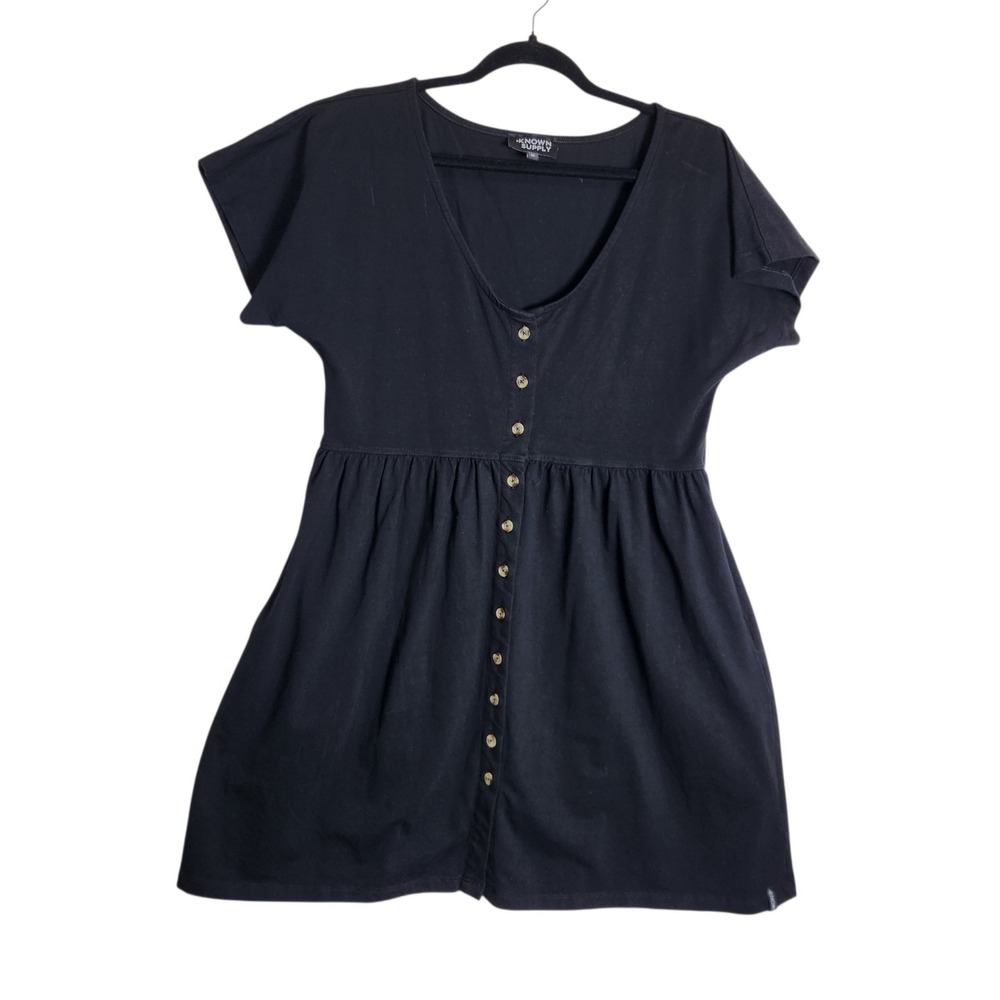 Known Supply Womens Black Organic Cotton Button Front Babydoll Dress Small